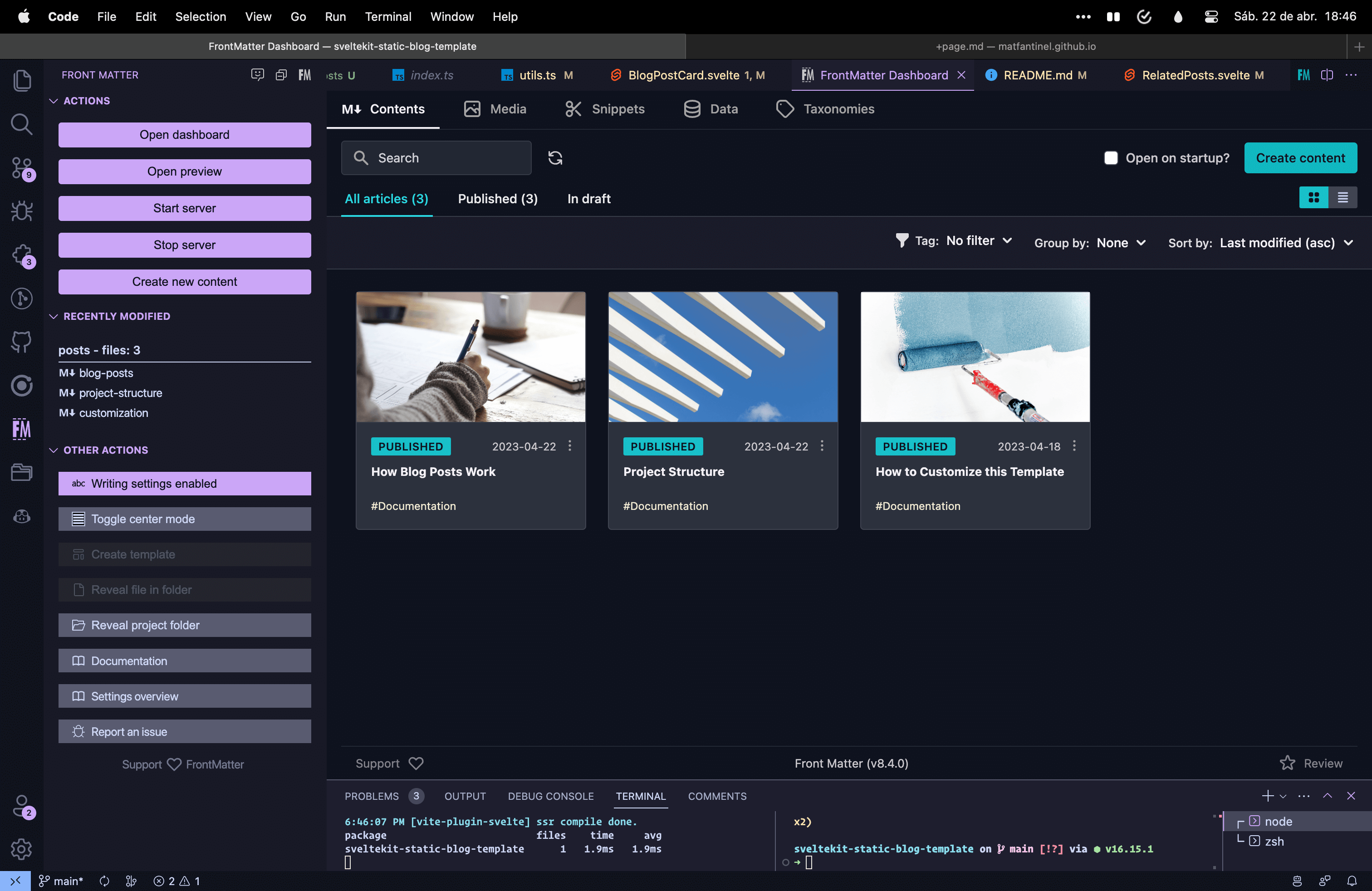 Screenshot of the Front Matter VS Code extension, showing the dashboard with all posts