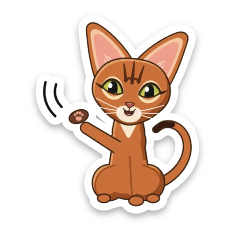 Venus waving hello: a cartoon cat with huge pink ears, green eyes and a striped forehead.